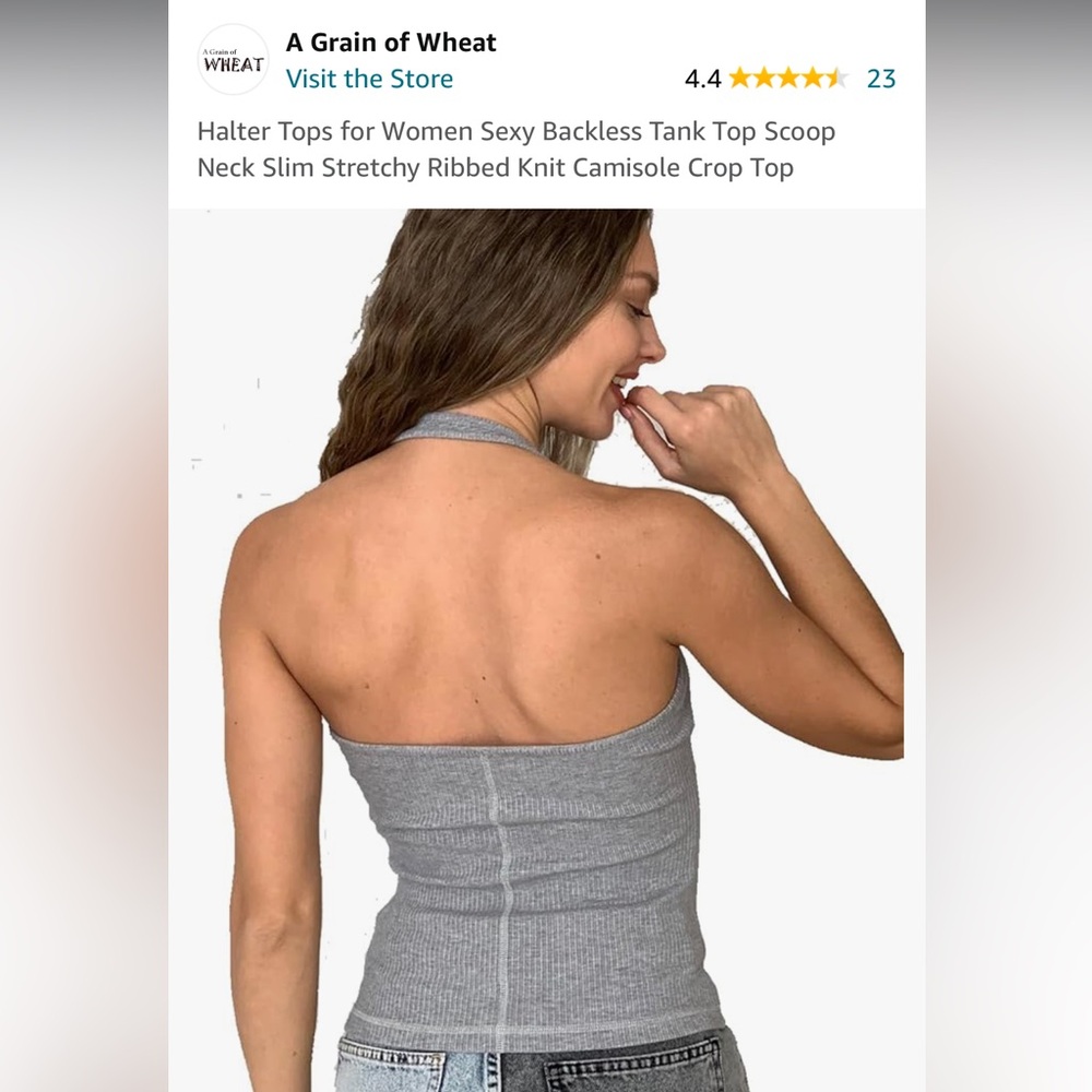 Backless Halter Top for Women.  Scoop Neck + Stretchy Ribbed Knit Crop Top